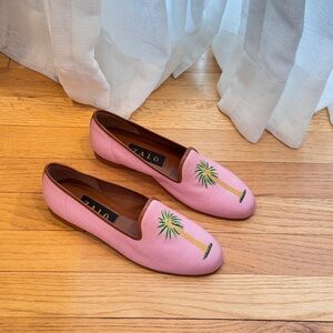 Zalo Pink Fabric Palm tree Leather trim Womens Loafers Size 6